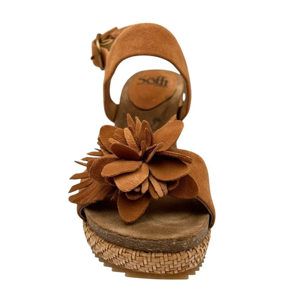 Sofft Cali Women's Wedge Suede Sandals Size 8.5 Brown Open Toe Flower Blossom